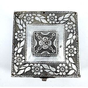 Vintage Silver Tone Floral Jewelry Trinket Box Blue Velvet Lined Small